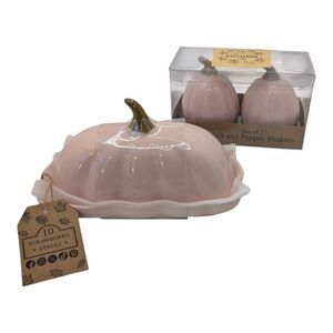 Pink Pumpkin Ceramic Scalloped Butter Dish & Salt Pepper Shakers Set Fall Decor